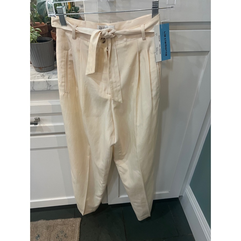 Liz Claiborne Petite Silk Cotton Trousers Paperbag Style Lined Cream Wedding NWT